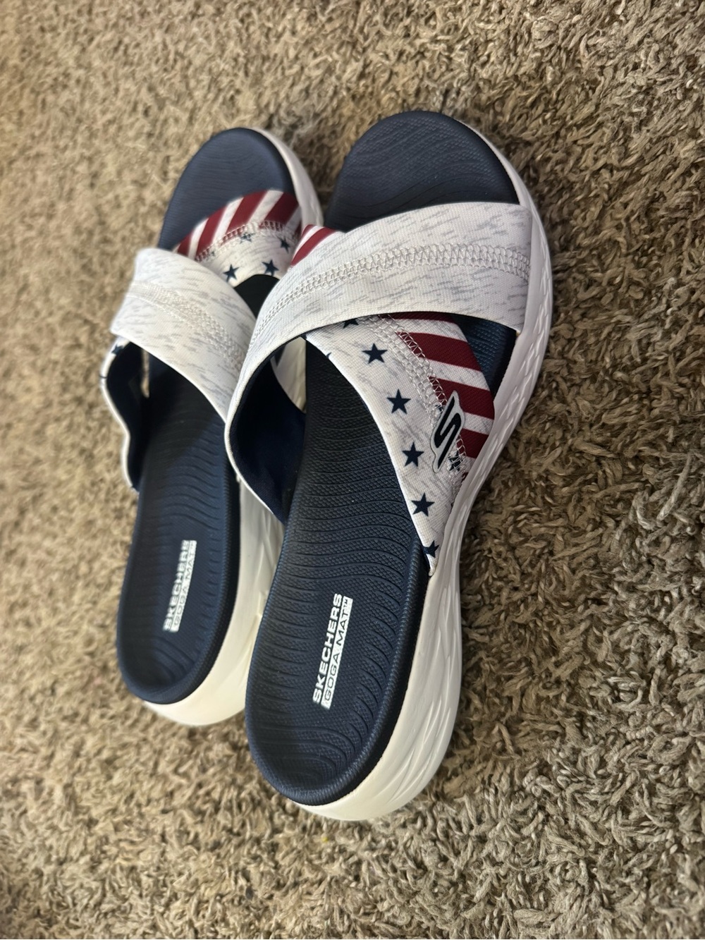 Skechers Navy, White & Red Crossband Slide Sandals - Picture 2 of 6